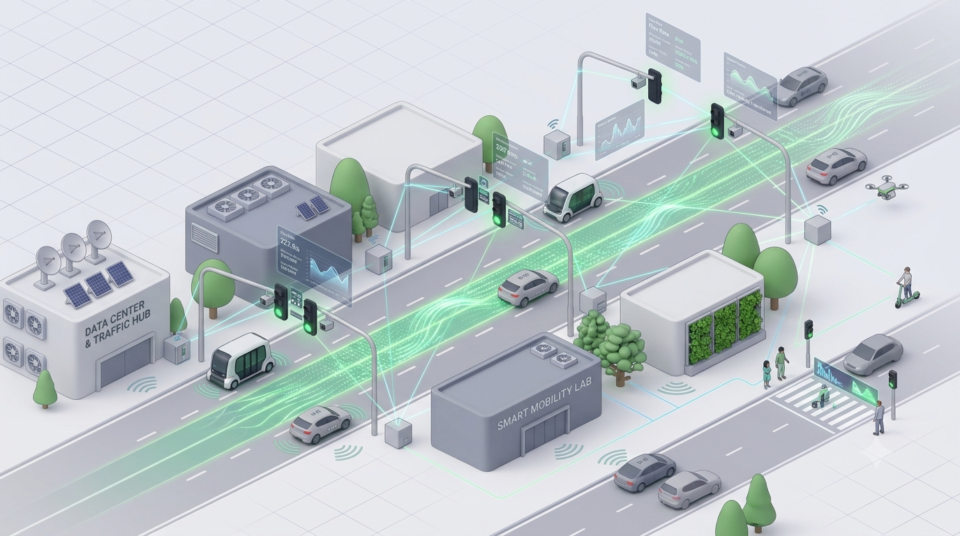 An isometric city corridor with connected traffic signals, a data centre and traffic hub, and streams of live data flowing between the junctions.