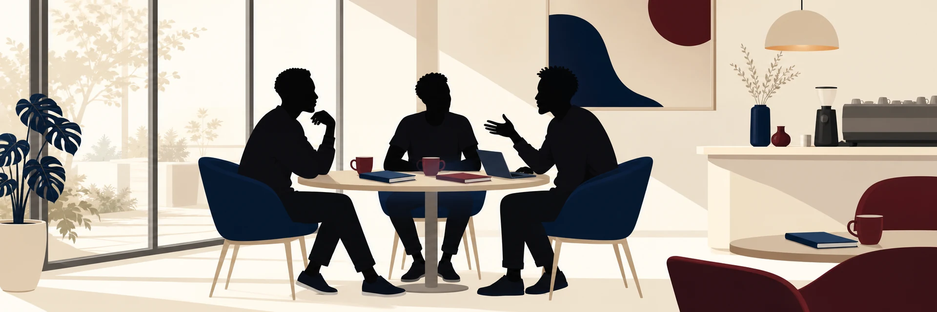Three young people talking over coffee in a modern café, shown as clean silhouettes.