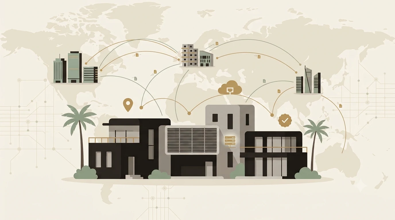 Ghanaian homes and city skylines connected by arcs of verified listing data flowing across a world map.