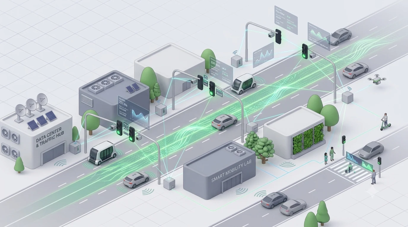 An isometric city corridor with connected traffic signals, a data centre and traffic hub, and streams of live data flowing between the junctions.