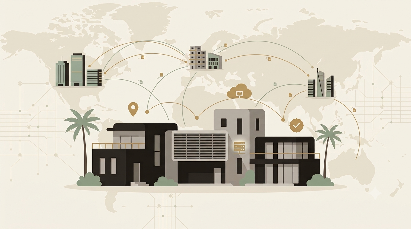 Ghanaian homes and city skylines connected by arcs of verified listing data flowing across a world map.